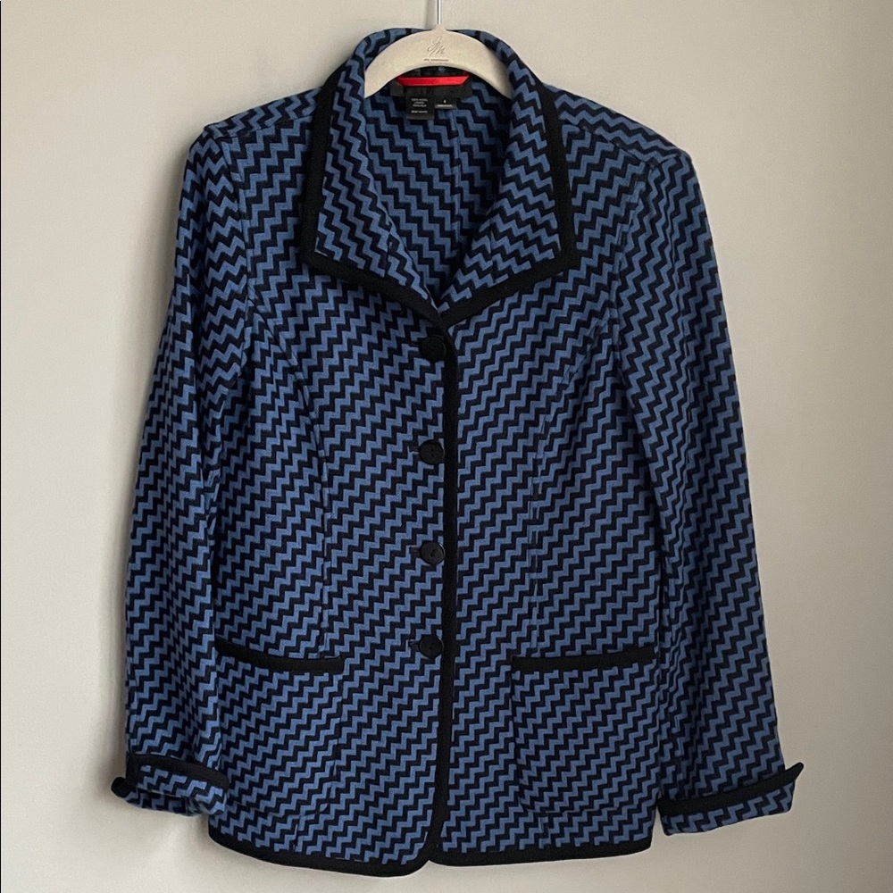 Nina Mclemore Blue and Black Wool Chevron Print Sweater Jacket Size 4
